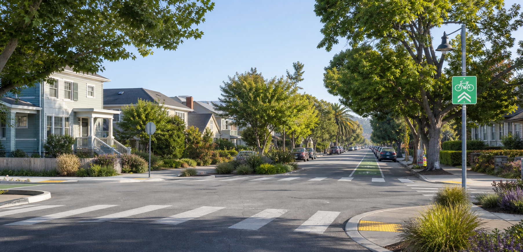 A calm neighborhood street intersection with homes and trees.